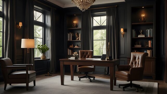A luxurious and elegant home office with a dark wood desk, a leather armchair, and a crystal chandelier in a classic, traditional style. Sophisticated interior concept
