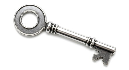 Vintage silver metal key isolated on white background, classic antique design symbolizing security, access, unlocking, and mystery