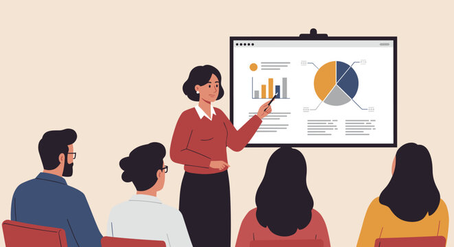 Engaging business presentation on data analysis office meeting room infographic content professional environment front view informative concept. Vector illustration