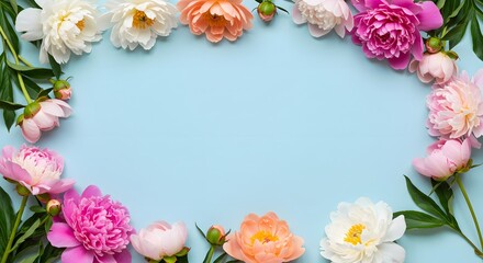 Beautiful peony flowers frame on a pastel blue background for a spring celebration greeting.