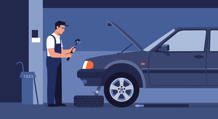 Car maintenance action tire change procedure auto garage infographic automotive environment side view repair concept. Vector illustration