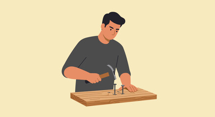 Carpentry workshop man hammering nails on wooden plank in creative home environment artistic design close-up view. Vector illustration