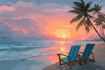 Serene beach sunset with two chairs facing the ocean, palm trees swaying in the background