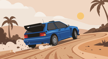 Car racing adventure in desert landscape digital art vibrant environment dynamic viewpoint thrilling concept. Vector illustration