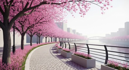 Serene blossom avenue featuring urban skyline and tranquil waterscape vision