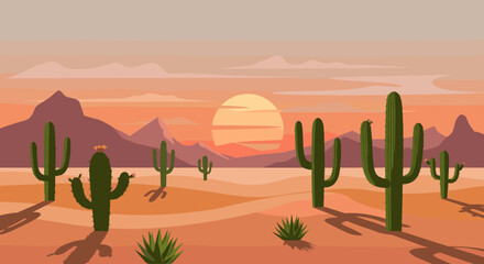 Desert sunset landscape with cacti and mountains nature illustration warm color palette tranquil environment. Vector illustration
