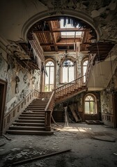 Ruined grandeur, crumbling staircase