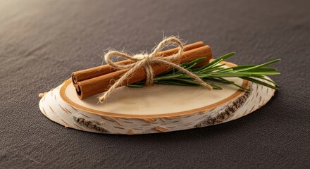Close-up shot of cinnamon sticks tied with twine and rosemary sprigs on a wooden slice.