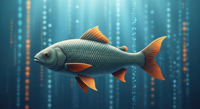 A digital depiction of a solitary fish swimming amidst a textured backdrop