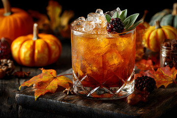 Thanksgiving autumn alcohol drink cocktail beverage with pumpkins and leaves