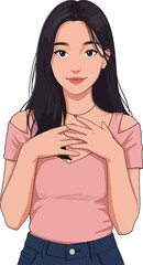 Young woman with long black hair wearing pink top and blue jeans holding hands on chest vector illustration
