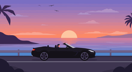 Sunset drive in a convertible coastal road digital illustration relaxed atmosphere side view freedom concept. Vector illustration
