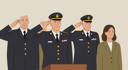 Military salute ceremony national headquarters digital illustration formal setting frontal view honor and respect. Vector illustration