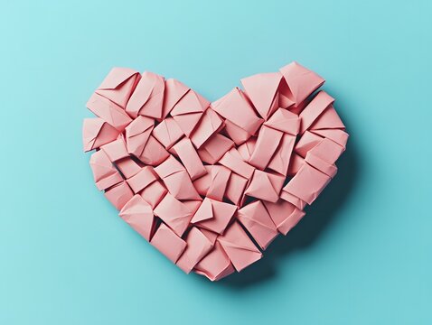 Broken Pink Origami Heart on Blue Background Abstract Art