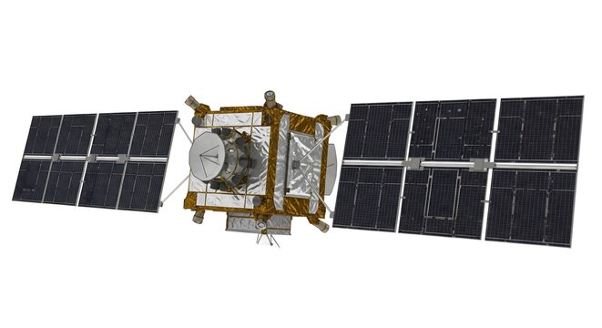 Artificial communication satellite with extended solar panels, isolated on white background, advanced space technology for orbit, data transmission, and global connectivity