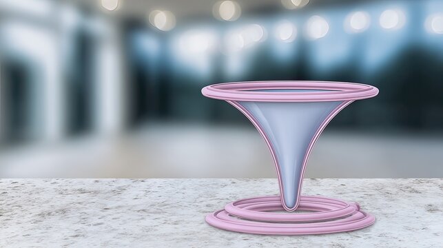 A swirling, pastel pink and light gray abstract sculpture resembling a stylized vortex or funnel, rests on a light stone surface against a blurred background of interior space - Powered by Adobe