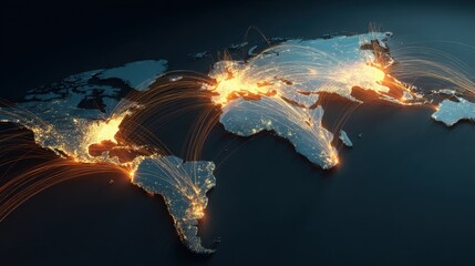 Stunning photo of this visual illustrates a world map with illuminated pathways connecting major cities in Latin America, symbolizing the extensive reach of digital marketing.