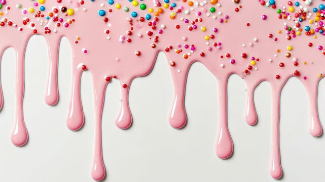 Top-down view of pink icing dripping with colorful sprinkles on a white surface, resembling a playful, vibrant video intro background. Live desktop wallpaper.