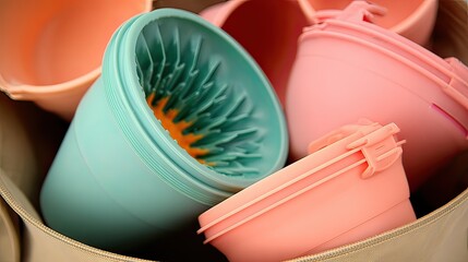 A close-up shows several pastel-colored plastic containers nested together within a beige fabric bag.  The containers vary in shape and size; some feature unique textured interiors