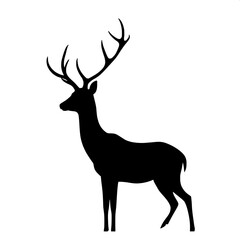 Obraz premium A solid black silhouette of a deer, shown in side view, with antlers extending upward. The deer’s form is slender and elegant, positioned slightly to the left of the canvas. The background is pure whi