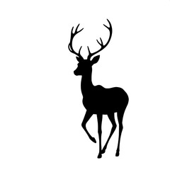 Obraz premium A solid black silhouette of a deer, shown in side view, with antlers extending upward. The deer’s form is slender and elegant, positioned slightly to the left of the canvas. The background is pure whi