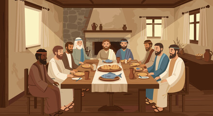 Cultural gathering at a long table historical setting digital illustration cozy environment indoor view communal feast. Vector illustration