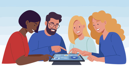 Collaborative learning session office space digital interaction engaging environment group perspective teamwork concept. Vector illustration