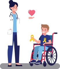 Doctor and disabled boy in wheelchair holding yellow ribbons for support and care vector illustration