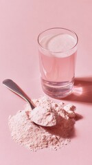 Stunning photo of pink collagen powder with scoop and glass of mixed drink on pink background.