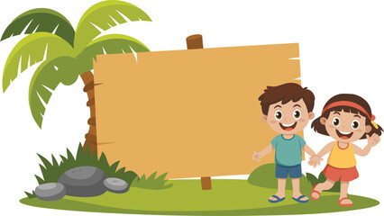Fototapeta premium Cartoon Kids Standing Next to a Wooden Sign with Palm Tree Backdrop on Grass