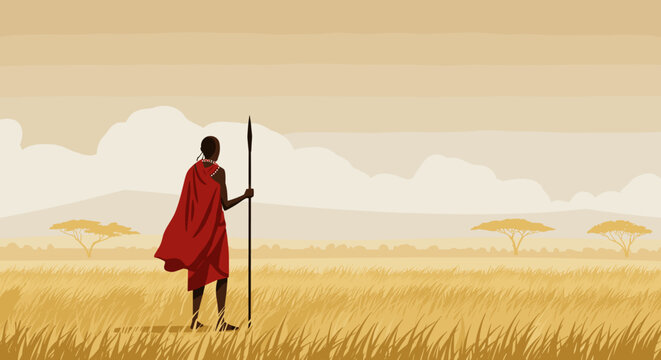 Warrior standing in savanna maasai mara digital art wide open landscape serene viewpoint cultural heritage. Vector illustration