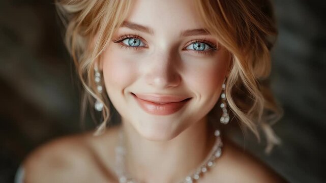 A beautiful, elegant woman smiling at the camera with an updo hairstyle and gold jewelry.