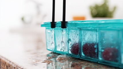 Teal plastic ice cube tray with red berries filling some compartments, being filled with water from two spouts, sits on speckled countertop; water droplets visible