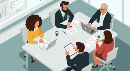 Team collaboration meeting office space digital illustration modern environment top-down view business strategy. Vector illustration