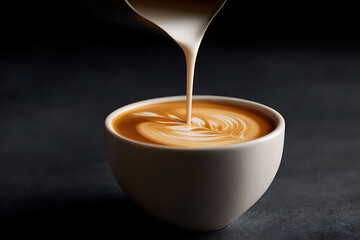 coffee art creation, barista close-up pouring milk into espresso cup for professional coffee art