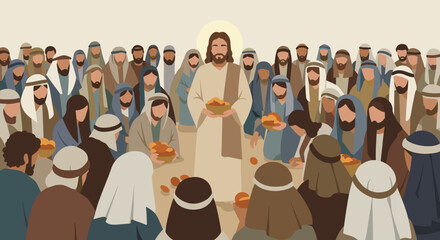 Feeding the multitude biblical scene illustration spiritual gathering front view miracle concept. Vector illustration