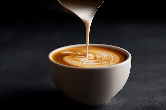 coffee art creation, barista close-up pouring milk into espresso cup for professional coffee art