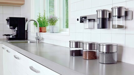 Modern kitchen countertop and wall featuring sleek stainless steel spice jars, some mounted magnetically, others sitting on a light grey counter, near a window and espresso machine