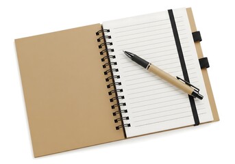 Open spiral notebook with brown kraft cover and eco-friendly pen placed on lined pages, isolated on white background, perfect for writing, journaling, office, and study supplies