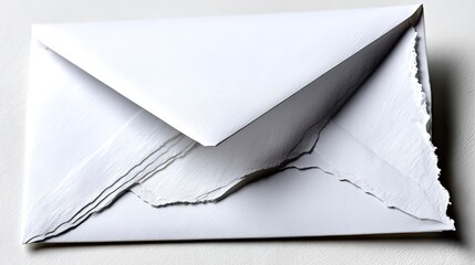 A pristine white envelope, seemingly hand-torn along its edges, revealing layered paper beneath, creating a textured, three-dimensional effect against a plain background