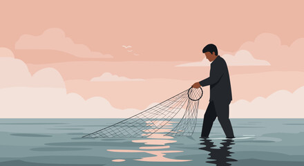 Fishing in tranquil waters coastal landscape digital art serene environment side view nature concept. Vector illustration