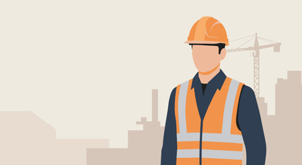 Construction worker in safety gear urban site illustration professional environment close-up view industry safety. Vector illustration