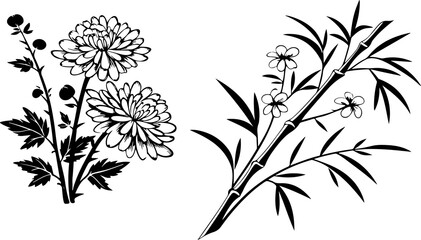 Bamboo forest silhouette with chrysanthemum blossoms vector