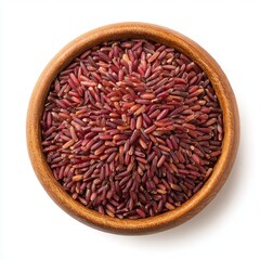 A top-down view of a wooden bowl filled with vibrant red rice grains