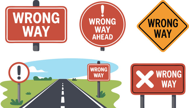 Collection of Colorful Wrong Way Road Signs, Isolated Warning Sign, and Exclamation Point Signage