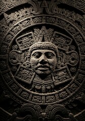 Ancient Mayan calendar face, intricate carvings