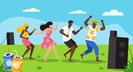Fototapeta premium Dynamic dance party celebration outdoor park illustration vibrant atmosphere fun perspective joy and togetherness. Vector illustration