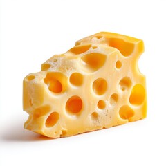 A close-up image of a delicious Swiss cheese wedge. The cheese is full of holes, a classic characteristic