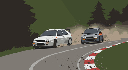 Obraz premium High-speed car racing action on a mountain road outdoor digital art dynamic perspective adrenaline concept. Vector illustration