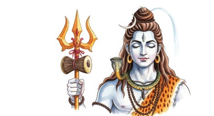 Serene portrayal of Shiva with trident and damaru drums in divine meditation